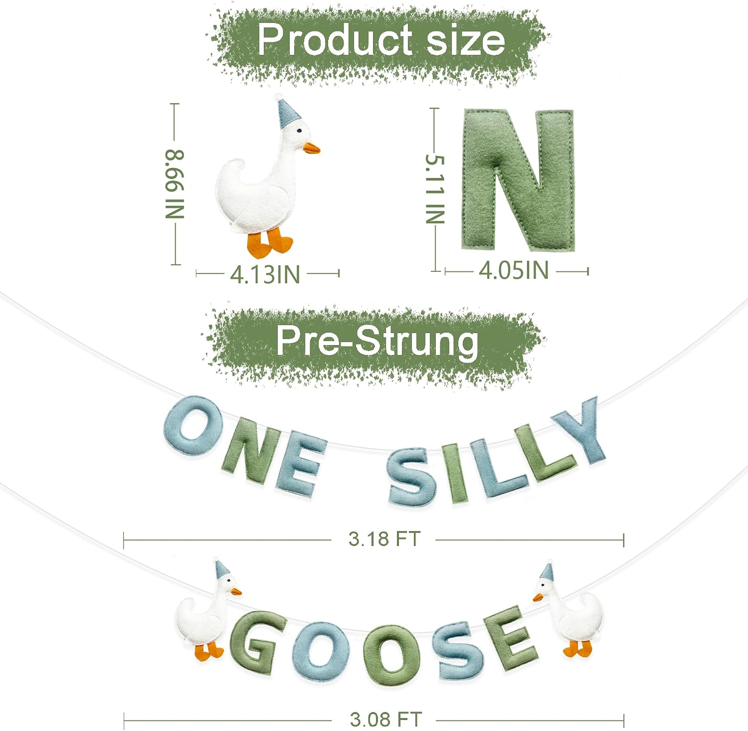 One Silly Goose Birthday Decorations Sage Green Dusty Blue Felt Handmade Pre-Strung 3d Goose 1st Bday Banner for Baby First Birthday Party Decorations Nursery Home Wall Fireplace Decor
