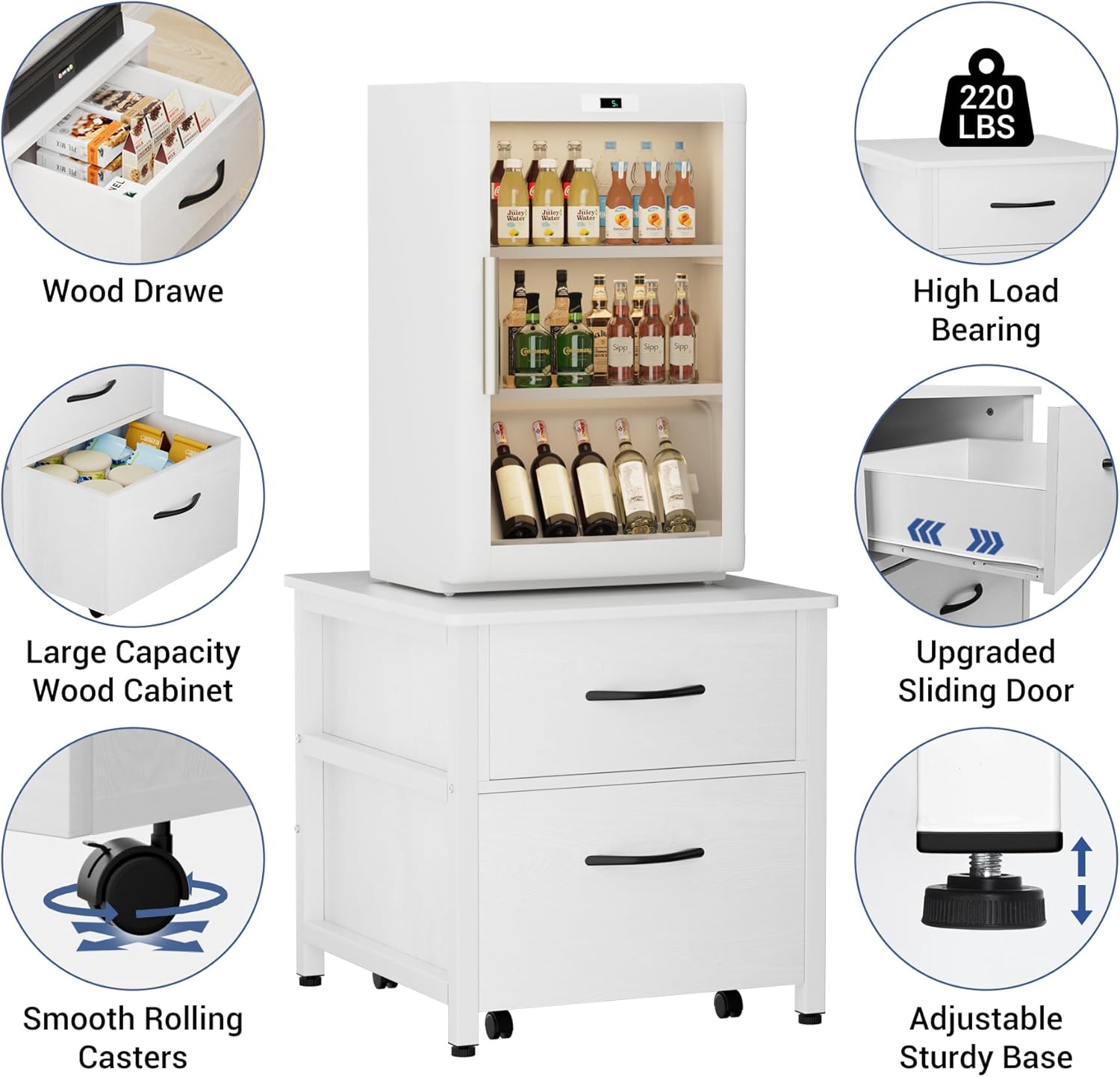 COOLBEBE Mini Fridge Stand with Storage, Heavy Duty Mini Fridge Cabinet with Rolling Cabinet, Solid Wood Beverage Refrigerator Stand Table for Dorm, Office, Bedroom, Load 220 LBS, White