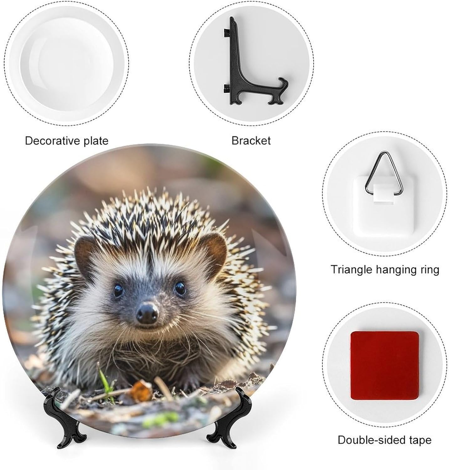 Hedgehog Ceramic Plate 10inch Decorative Bone China Wall Hanging Ornament Plates Bohemian Style Dinner Plate with Display Stand Cabinet Display Plates for Home Art Decor