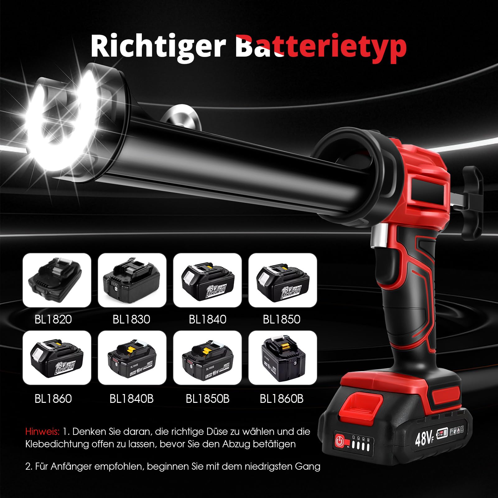 Prensa de cartuchos de batería de 18V – Pistola eléctrica de silicona con luz LED y 4 niveles de velocidad para cartuchos de 300 ml, pistola de calafateo para sellar