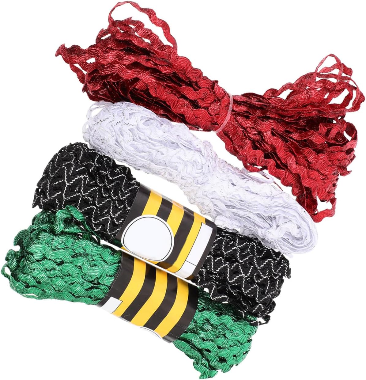 4 Rolls 5mm Wave Bending Rickrack Ribbon Sewing Trim for Dressmaking Craft DIY in Red Green White Black-White, Floral Decorative Ribbon for Apparel and Home Decor