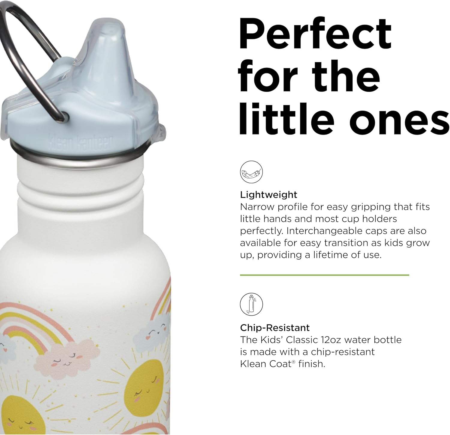 Klean Kanteen 12 oz Classic Kid's Sippy Bottle - For Little Hands - With Dust Cover & Attachable Loop - Durable, BPA-Free, Stainless Steel Material - Fits Interchangeable Caps - Rainbows - Image 4