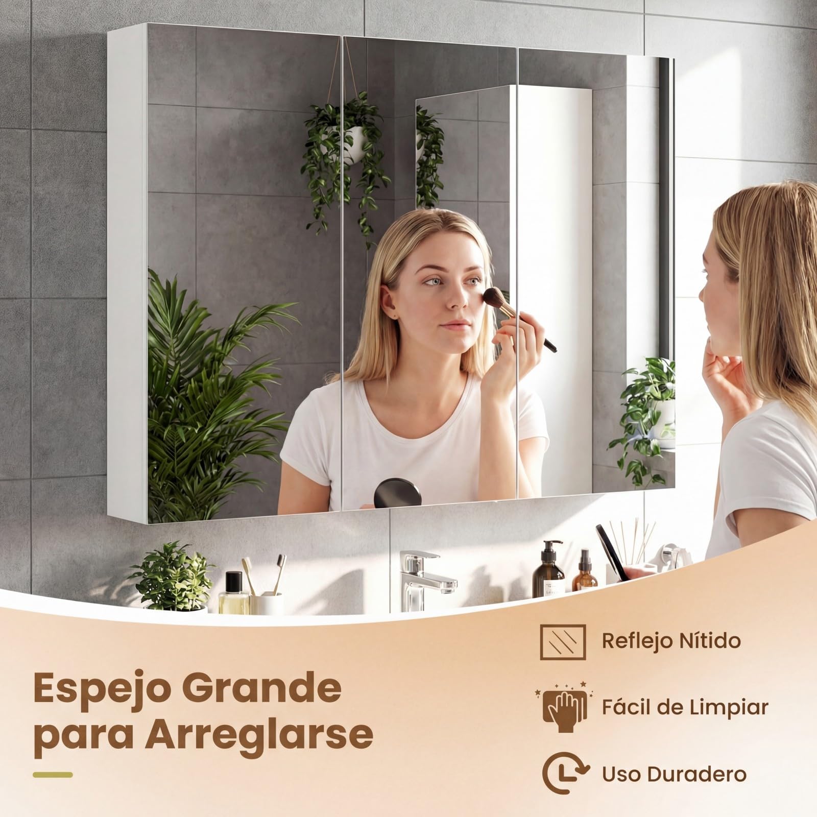 COSTWAY Armario de Espejo de Baño con 3 Puertas, Armario de Pared Baño con 6 Compartimentos, Superficie de Imitación Madera y Marco de Madera, 87 x 65 x 12,5 cm