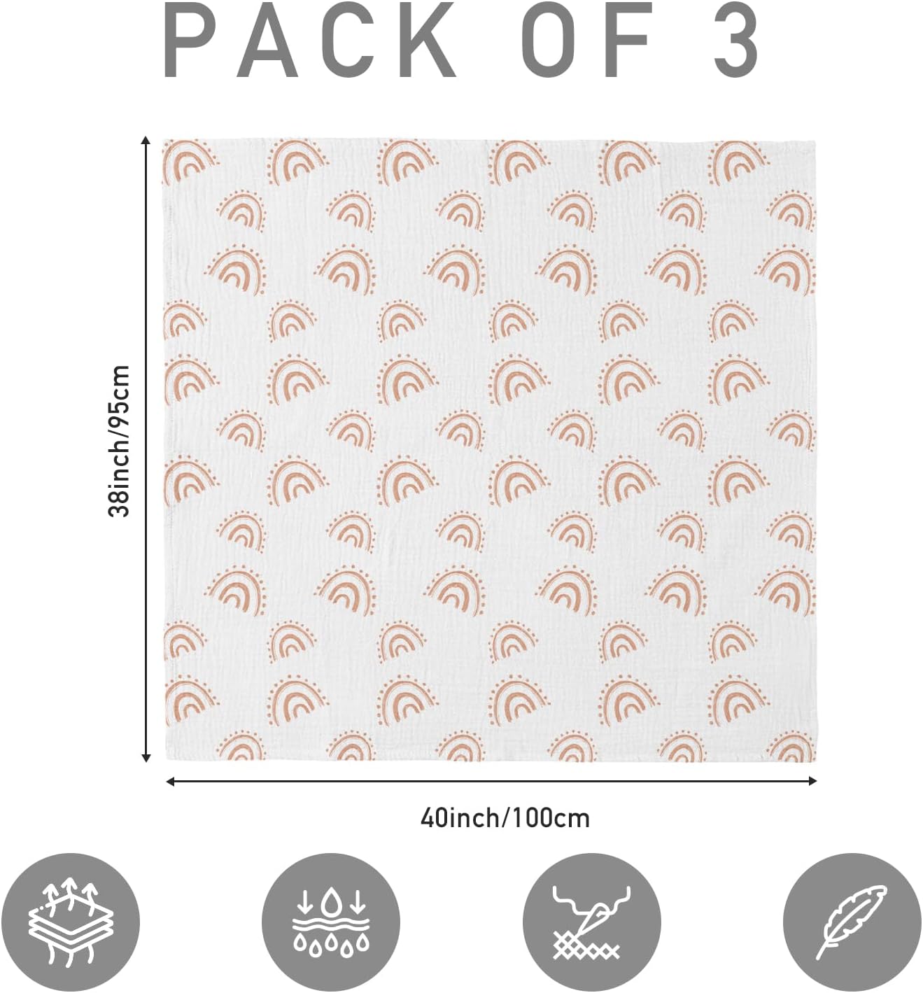 Muslin Swaddle Blankets for Newborn, 3 Pack Breathable Soft Receiving Blanket, Large 38 x 40 inches Swaddle Wrap Burping Clothes Diapers, Essentials Infant Shower Items, Toddler Gift (Rainbow & Grid) - Image 5