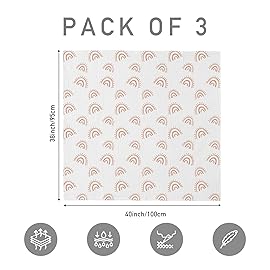Muslin Swaddle Blankets for Newborn, 3 Pack Breathable Soft Receiving Blanket, Large 38 x 40 inches Swaddle Wrap Burping Clothes Diapers, Essentials Infant Shower Items, Toddler Gift (Rainbow & Grid)