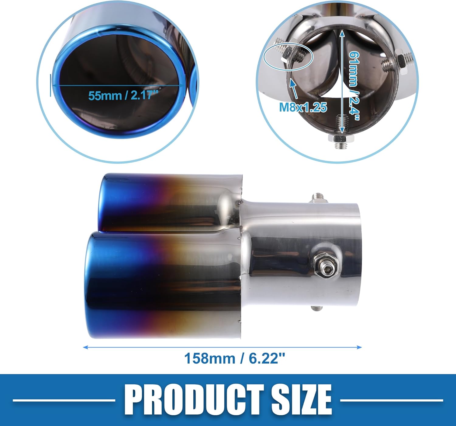 Car Dual Exhaust Tip Pipe Double Outlet Applicable Diameter 2.4" Universal Exhaust Pipes Muffler Tip Tailpipe Bolt-On Metal Baked Blue