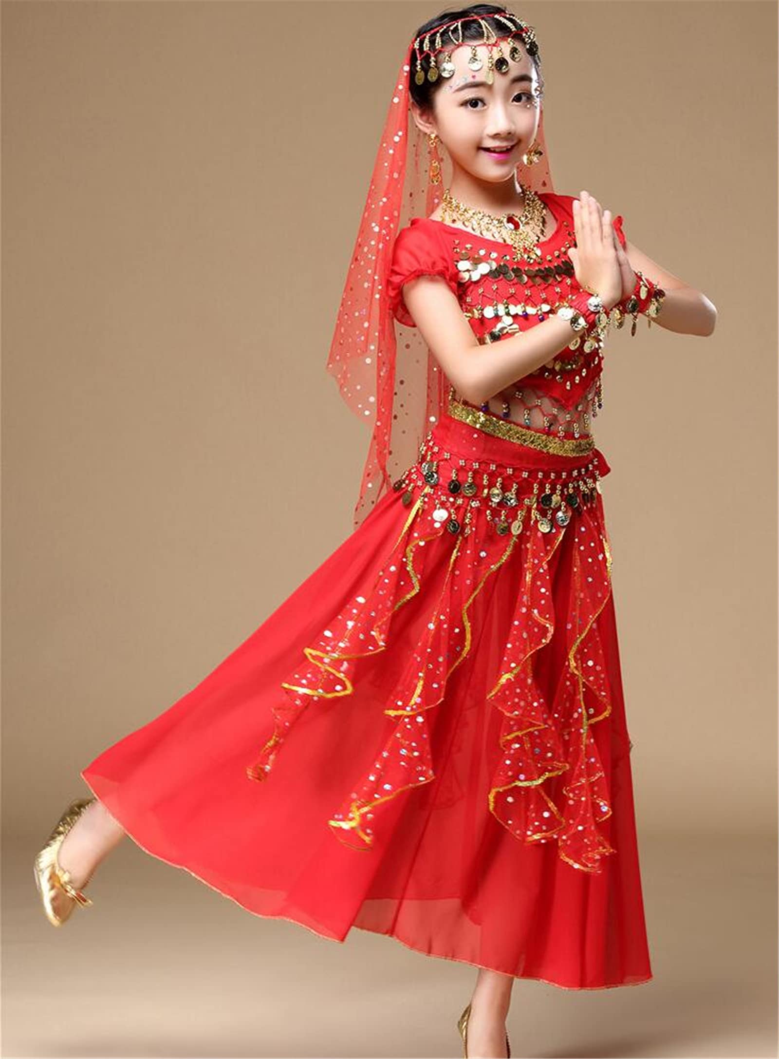 FEOYA Robe Danse Orientale Enfant 5 Pièces - Costume Bollywood Belly Dance Fille 3-12 Ans - Top + Robe + Ornements