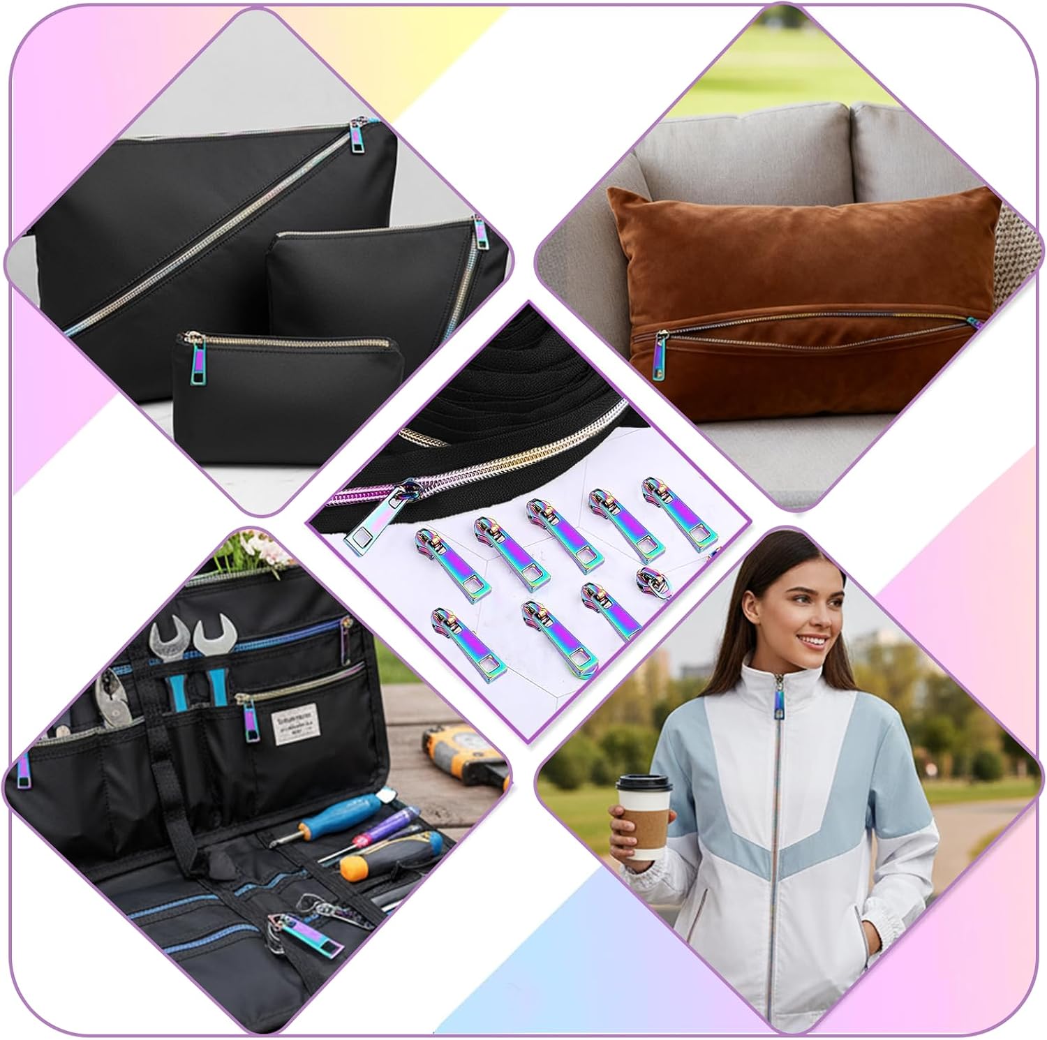 #5 Black Rainbow Nylon Zipper Tape Zippers by The Yard, 5 Yards Long Zipper Tape with 10pcs Colorful Zippers Pulls and Teeth for Tailor Sewing, Bag Making, Crafts, and DIY Projects