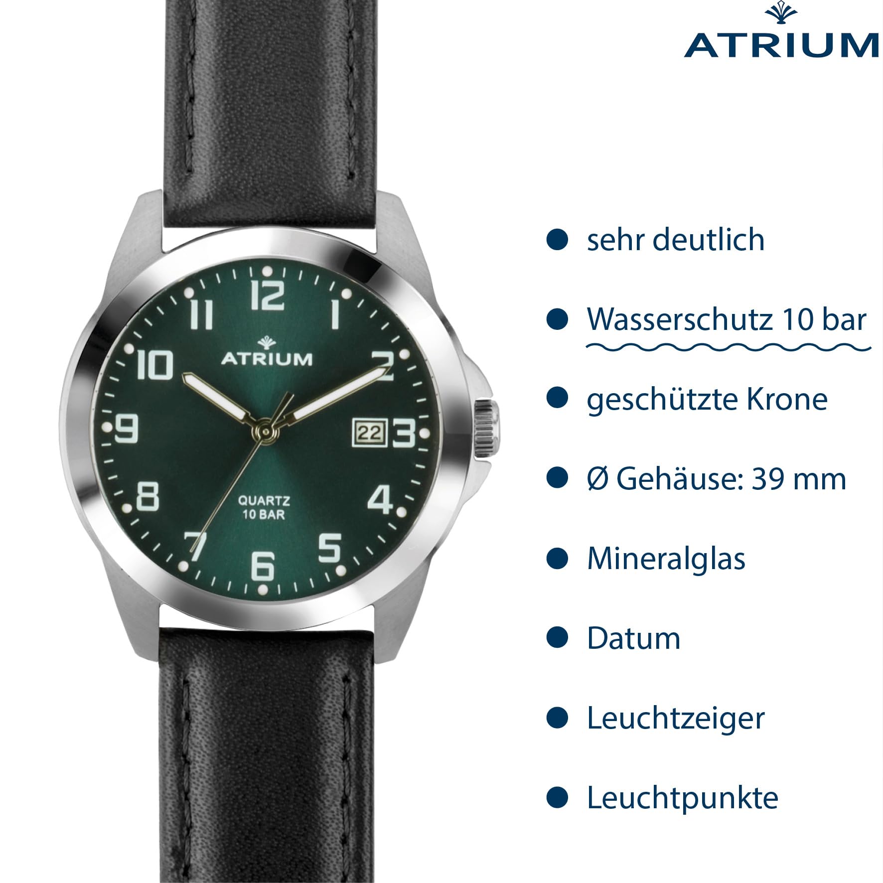 Atrium Herren-Armbanduhr Edelstahl Analog Quarz 10 bar mit Datum, Leuchtzeiger, sehr deutliches Zifferblatt Dunkelgrün und Lederband schwarz A16-16
