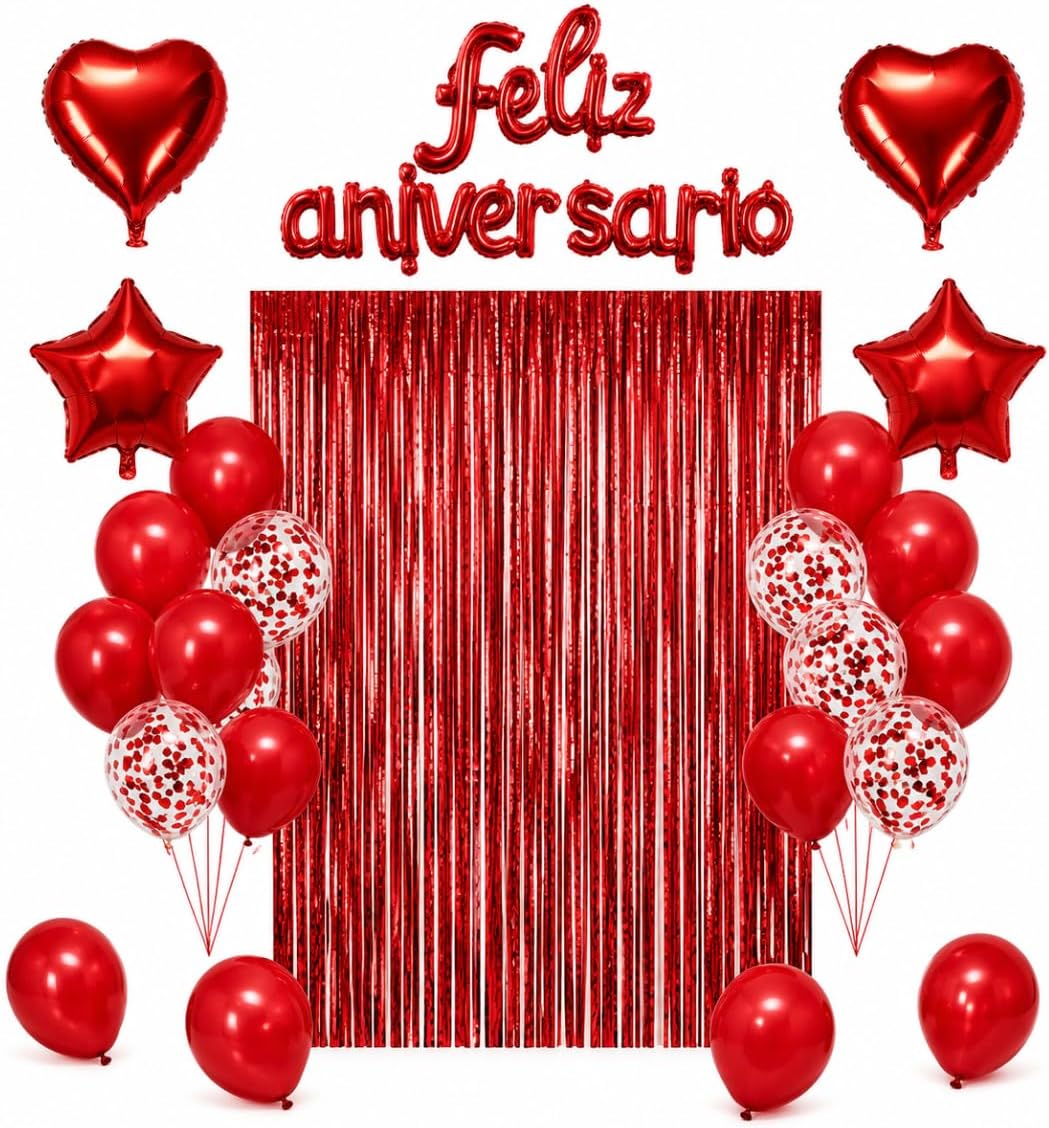 Kit Decoração Feliz Aniversário Completo 26 Peças com Cortina Metalizada, Balões e Letreiro (Vermelho)