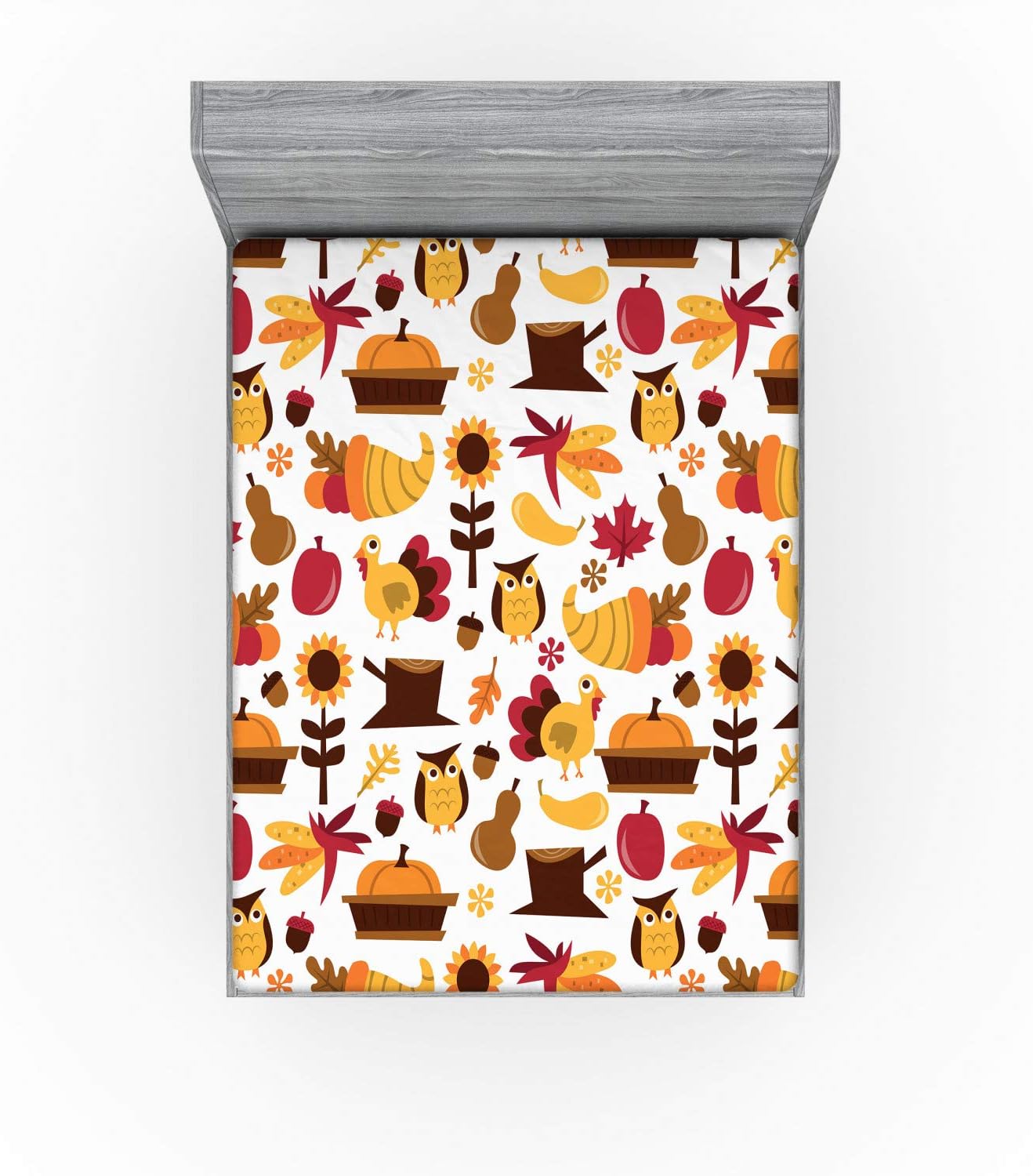 Ambesonne Harvest Fitted Sheet, Cartoon Fall Composition Nuts Maple Leaves Owls Roosters Pumpkins, Bed Cover with All-Round Elastic Deep Pocket for Comfort, Queen Size, Orange Red Brown
