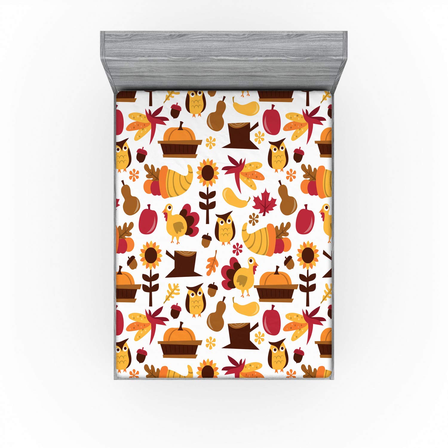 Ambesonne Harvest Fitted Sheet, Cartoon Fall Composition Nuts Maple Leaves Owls Roosters Pumpkins, Bed Cover with All-Round Elastic Deep Pocket for Comfort, California King, Orange Red Brown