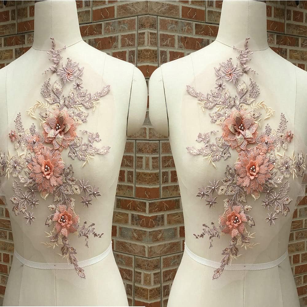 1 Pair 3D Flowers Three-Dimensional Beaded Lace Applique Costume Evening Dress Clothing DIY Accessories (Color B)