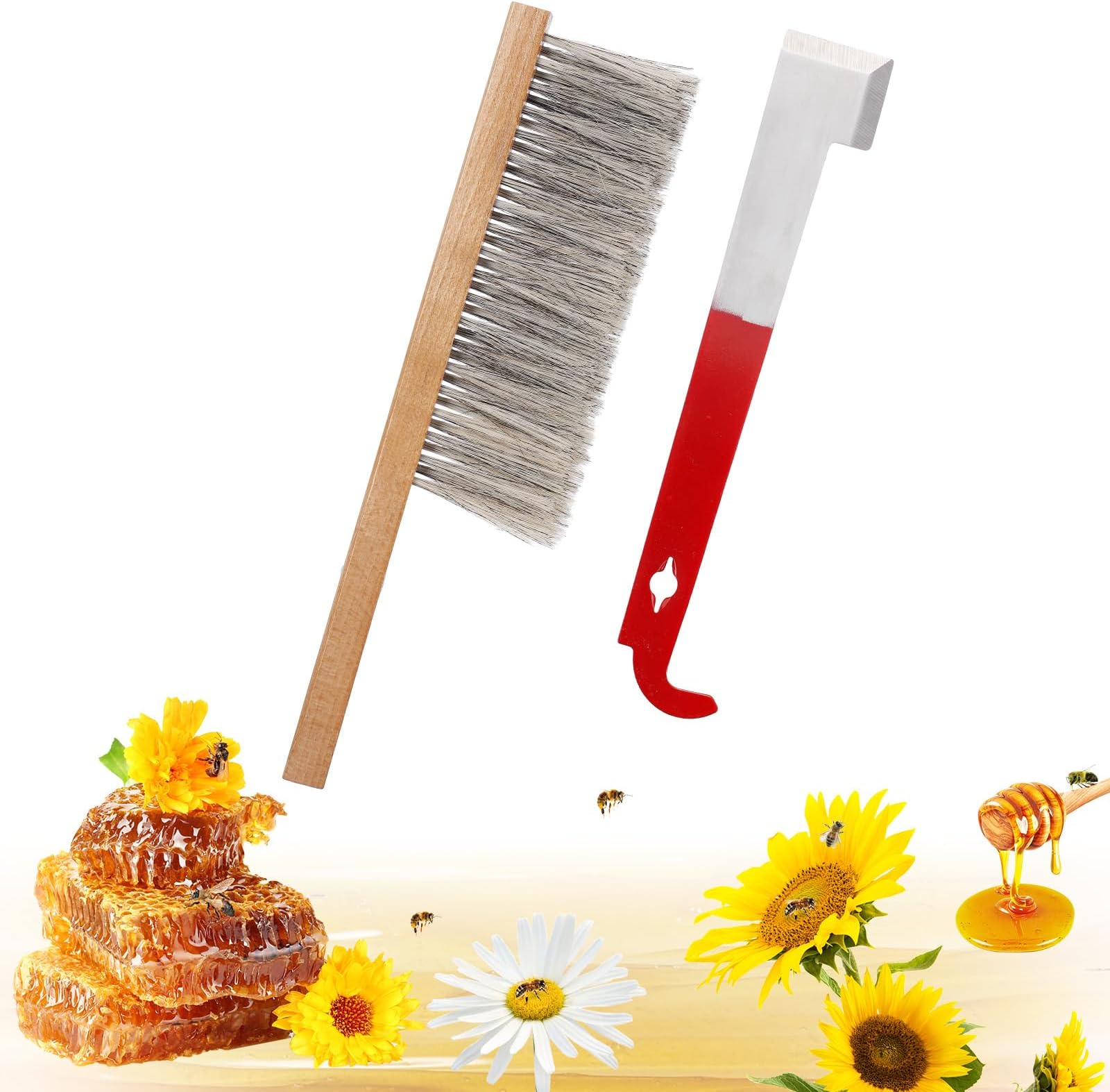 Acostop Bee Hive Tool Stainless Steel J Hook & Soft Brush for Beekeeping