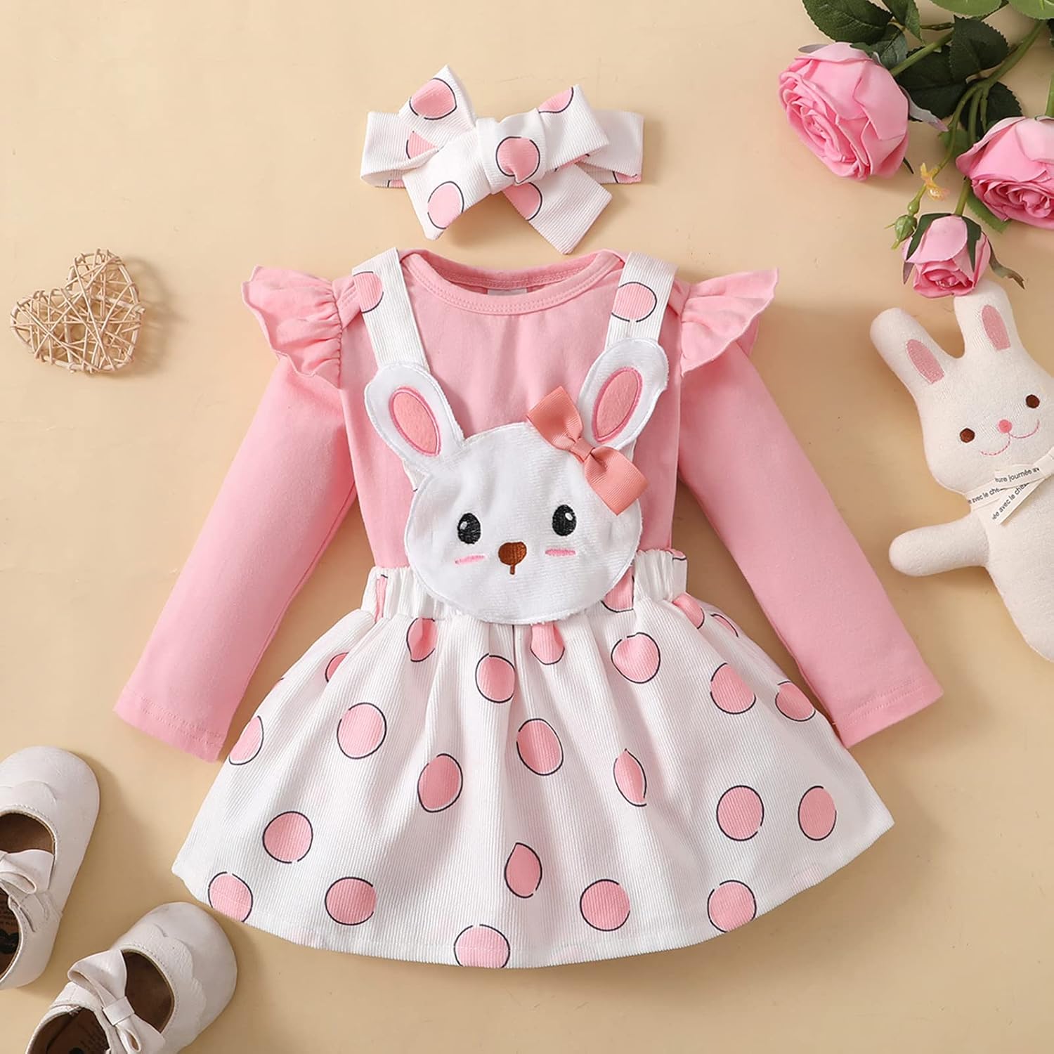 Toddler Baby Girl Long Sleeve Ruffle Romper Top Bunny Skirt Set Newborn Girl Easter Outfit Overall Dress - Image 2