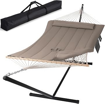 SUNCREAT Hammocks Two Person Hammock with 12ft Stand Included, Coffee