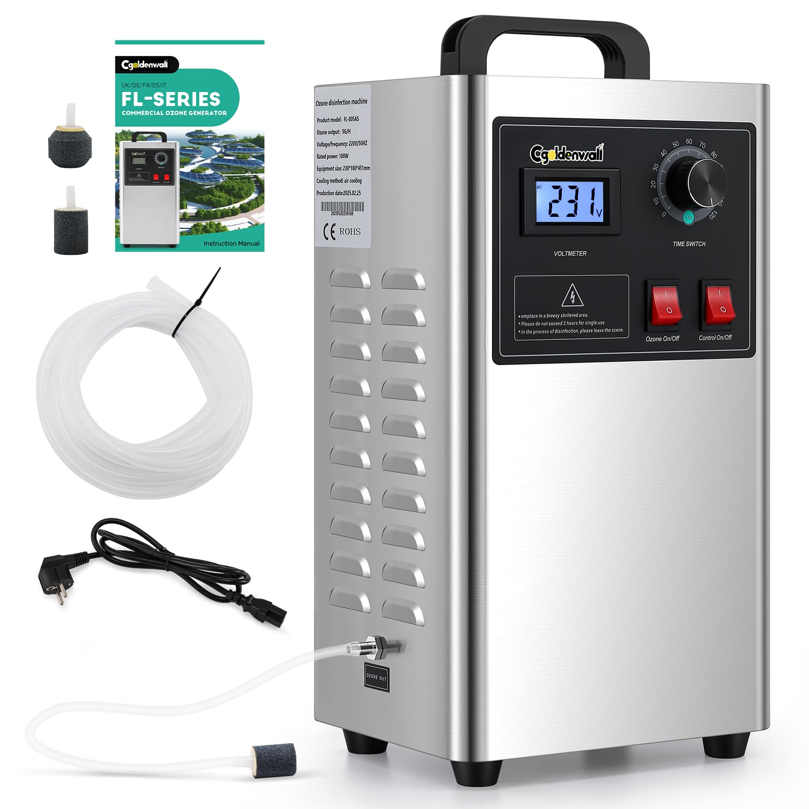 CGOLDENWALL Generador de Ozono para Lab/Industria con Piedra de Aireación y Tubo Guía de Flujo, Temporizador de 0-120 Minutos, Eliminación de Olores y Tratamiento de Aguas Residuales (100W 5g/h)