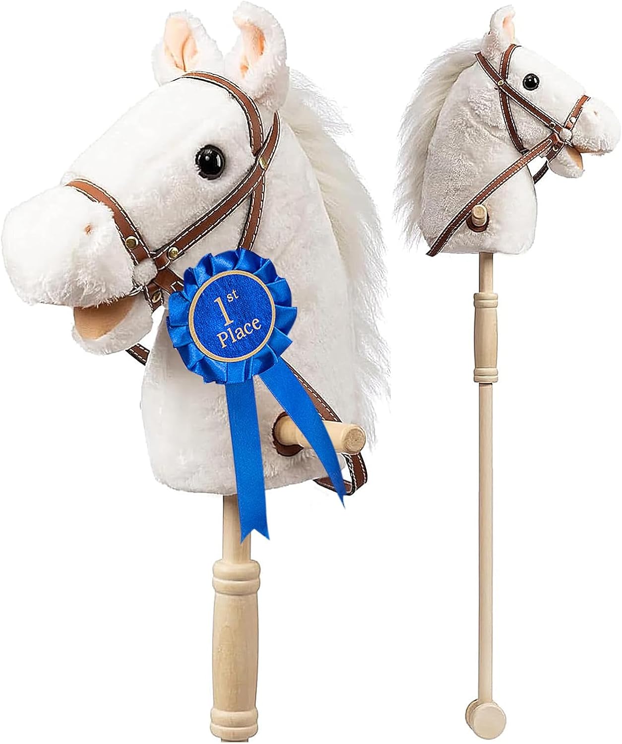 HollyHOME Stick Horse Plush with Detachable Blue Ribbon Champion Hobby Horse on Stick with Wood Wheels Real Pony Neighing and Galloping Sounds for Kids Toddlers White 36 Inches(AA Batteries Required)