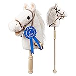 HollyHOME Stick Horse Plush with Detachable Blue Ribbon Champion Hobby Horse on Stick with Wood Wheels Real Pony Neighing and Galloping Sounds for Kids Toddlers White 36 Inches(AA Batteries Required)