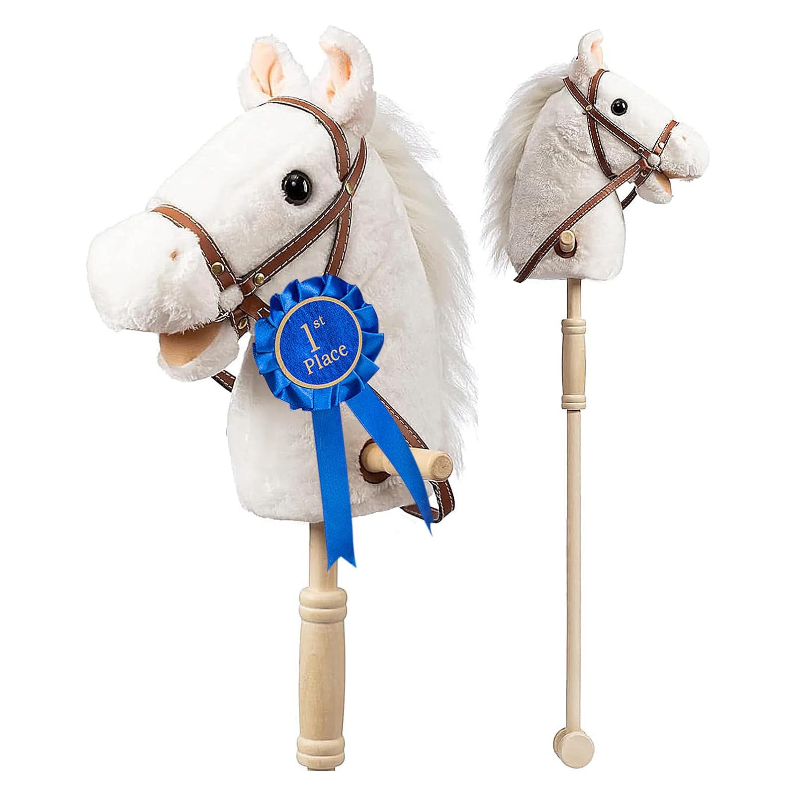 HollyHOME Stick Horse Plush with Detachable Blue Ribbon Champion Hobby Horse on Stick with Wood Wheels Real Pony Neighing and Galloping Sounds for Kids Toddlers White 36 Inches(AA Batteries Required)