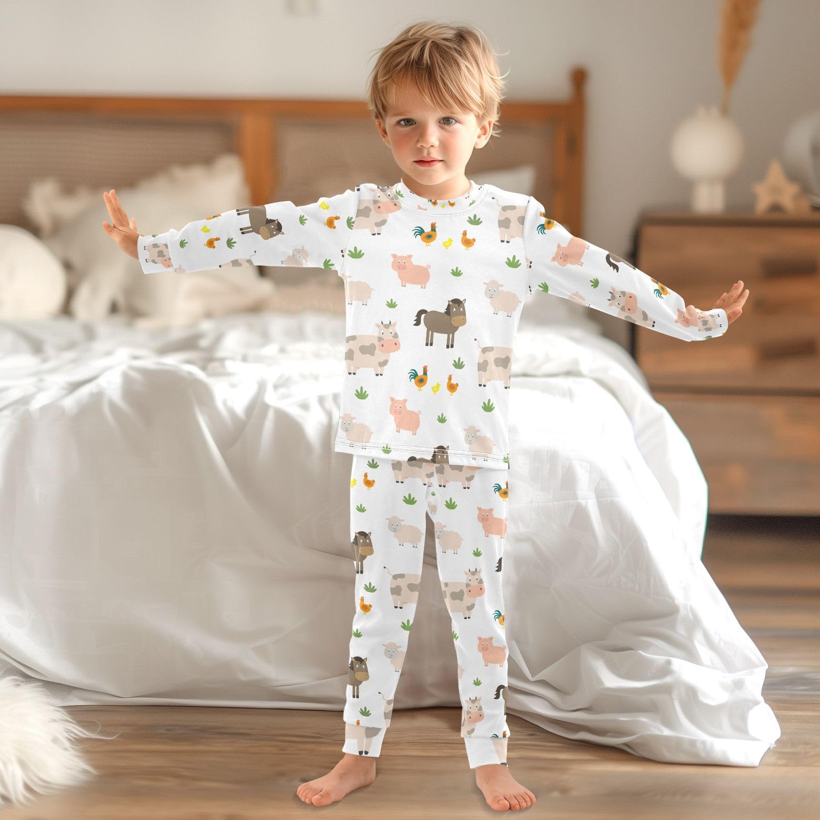 Mnsruu Pigiama per bambini disegnato a mano con animali della fattoria con top e pantaloni a maniche lunghe, comodo pigiama in cotone per ragazzi e ragazze, pigiama unisex, 18 M