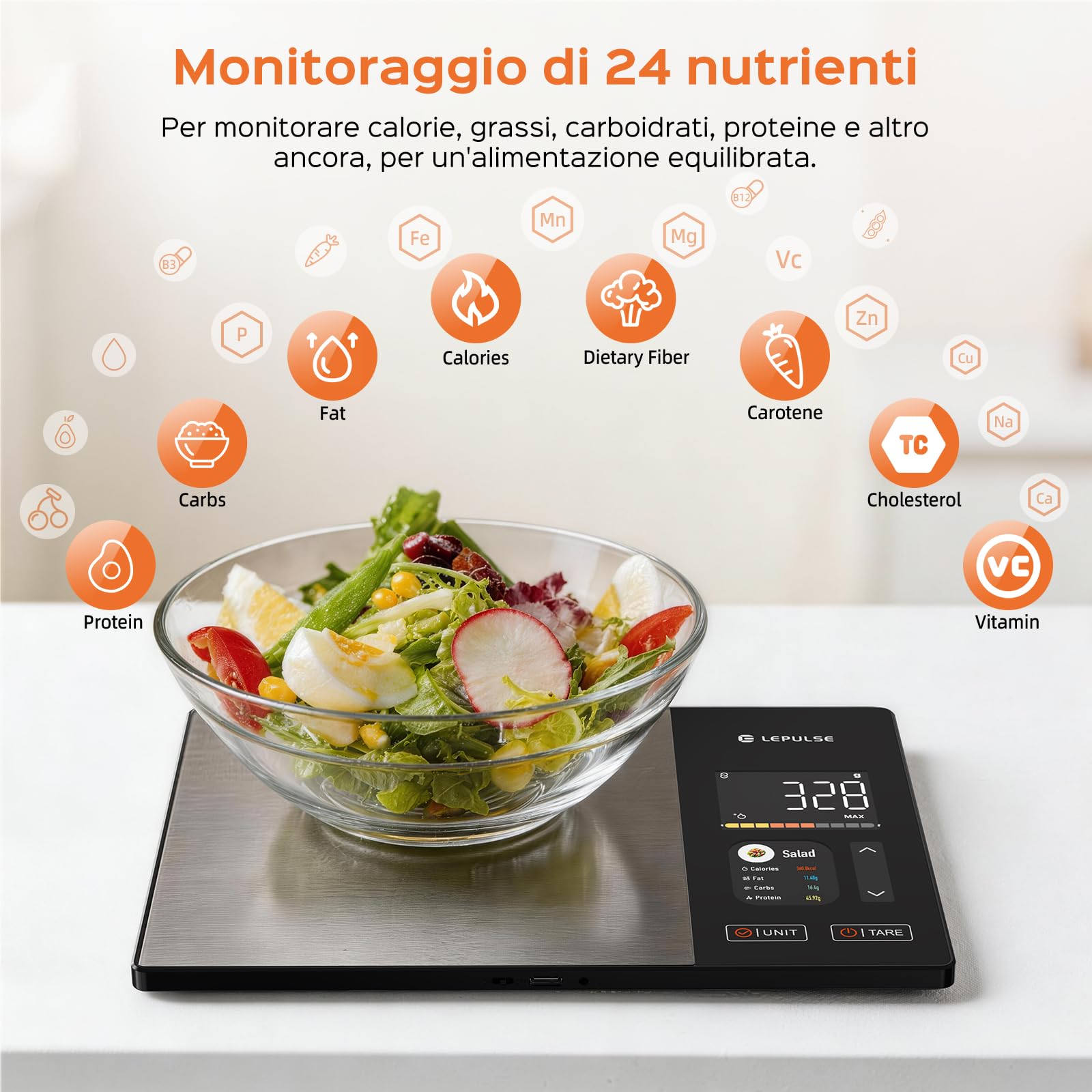 Bilancia da cucina digitale con calcolo nutrizionale, bilancia alimentare con 24 analisi nutrizionali, 5 kg in acciaio inox, display a colori TFT, 50 offline e analisi calorie illimitate tramite app