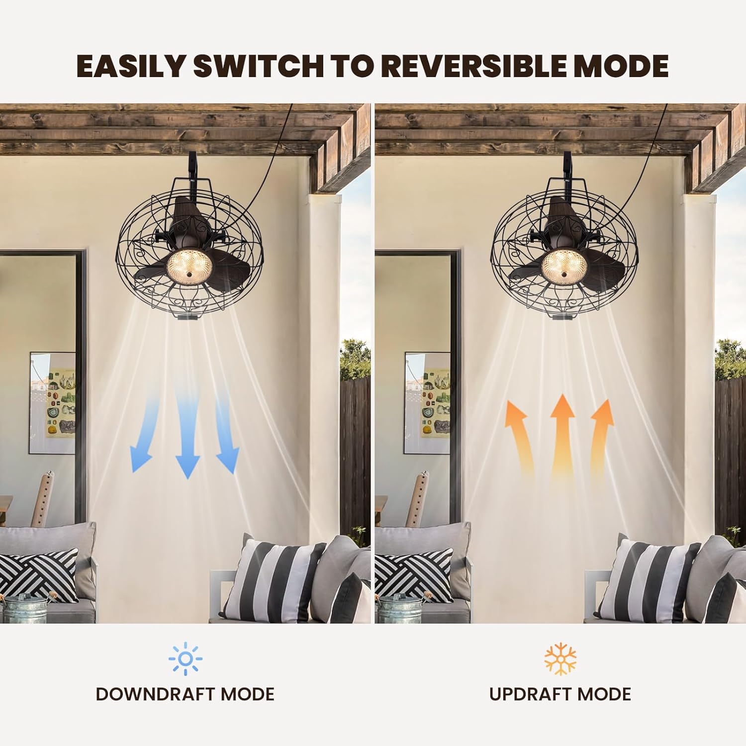 Fan showing reversible modes for downdraft and updraft airflow