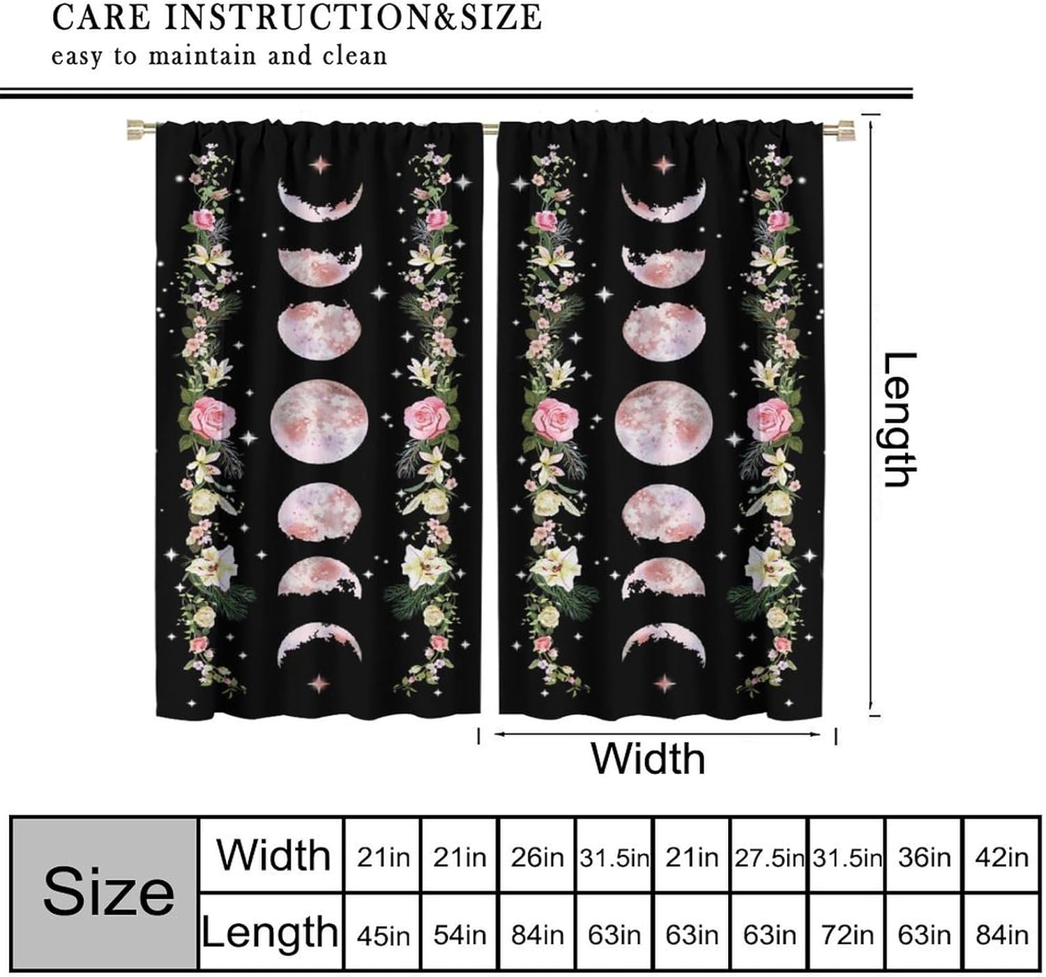 Boho Floral Moon Curtains Flower Wildflower Rod Pocket Pink Moon Phase Moonlit Garden Witchy Gothic Aesthetic Spring Nature Window Treatment Drapes Set for Bedroom Living Room Decor 42x45 Inch