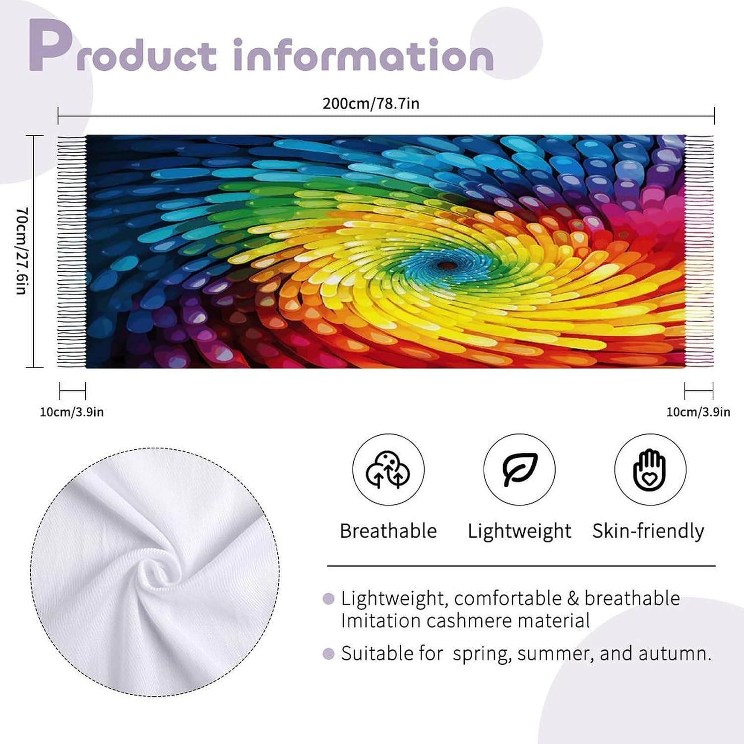 Rainbow Swirl Winter Scarf for Women Soft Tassel Scarves Oversized Wraps Long Shawl Cold Weather Thick Blanket Scarfs