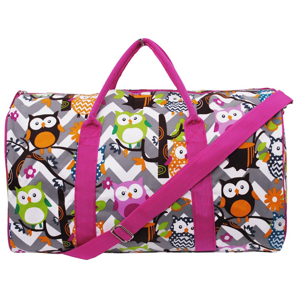 Grey & White Chevron Owl Print Canvas Cheer Gym Travel Duffle Bag (Hotpink)