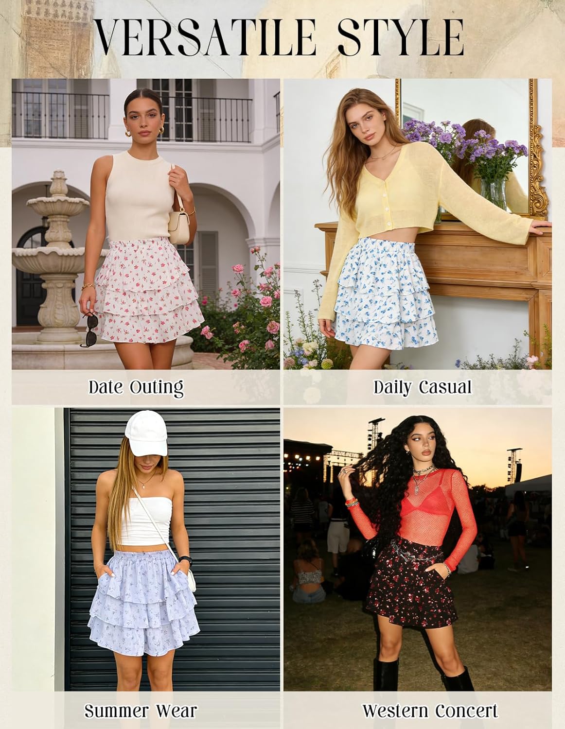 Scarlet Darkness Mini Skirts for Women Summer Floral Skorts Tiered Ruffle Shorts Skater Boho Skirt with Pockets - Image 6