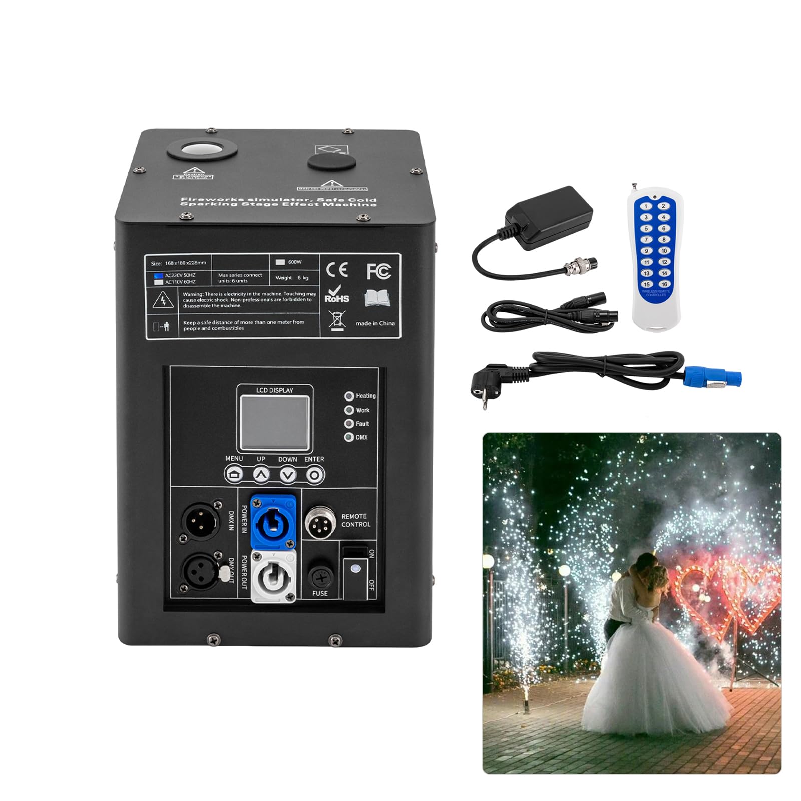 600W Pyrotechnikmaschine Bühne Spezialeffekt Sparkular Effekt Maschine mit Fernbedienung Valentinstag Feuerwerk Cold Spark Machine für Hochzeit Party DJ Disco Bühne Konzert TV Show