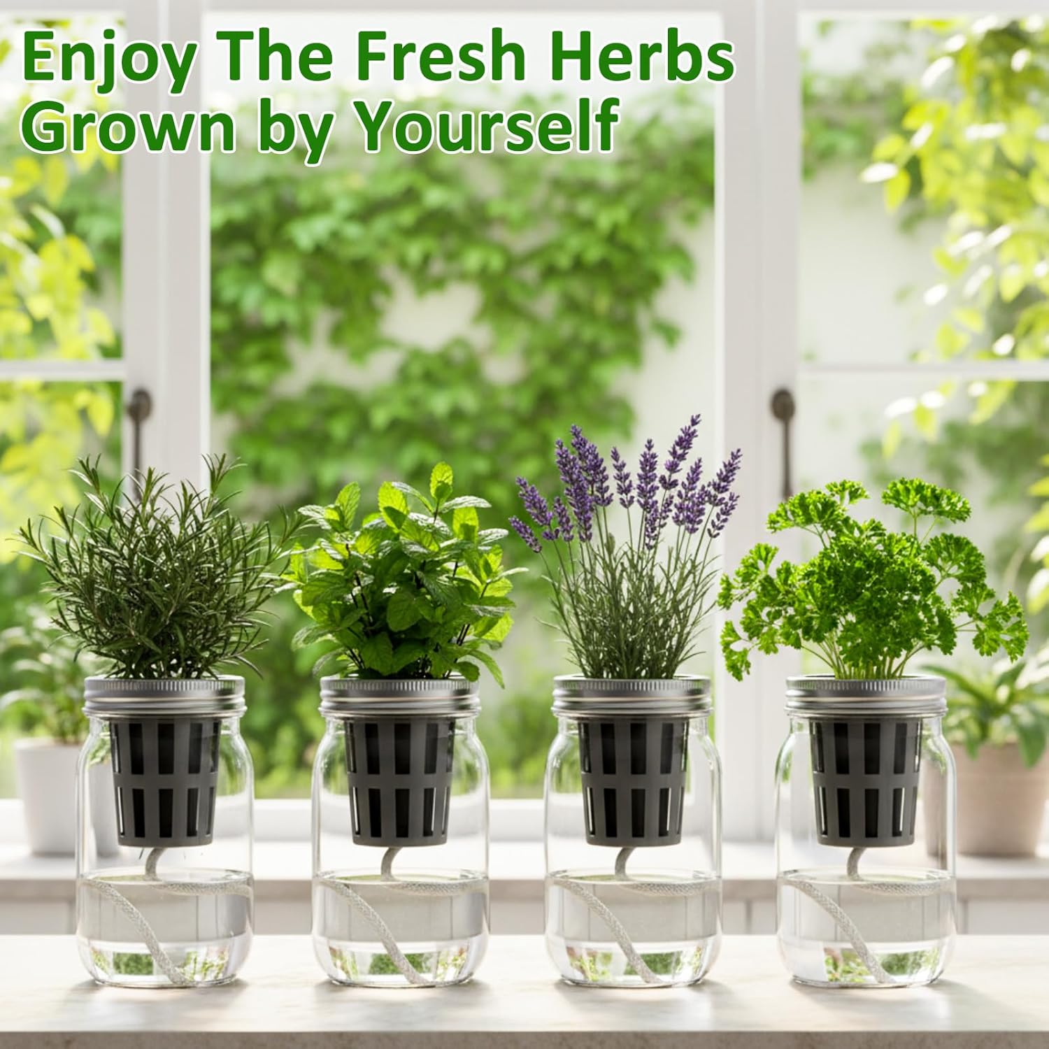 12 Set Hydroponic Herb Garden Planter Indoor Kit, Include 12 Self Watering Mason Jars 12 Planting Baskets 12 Pre Sown Growth Plugs and 12 Absorbent Cores Herb Growing Kit for Gardening