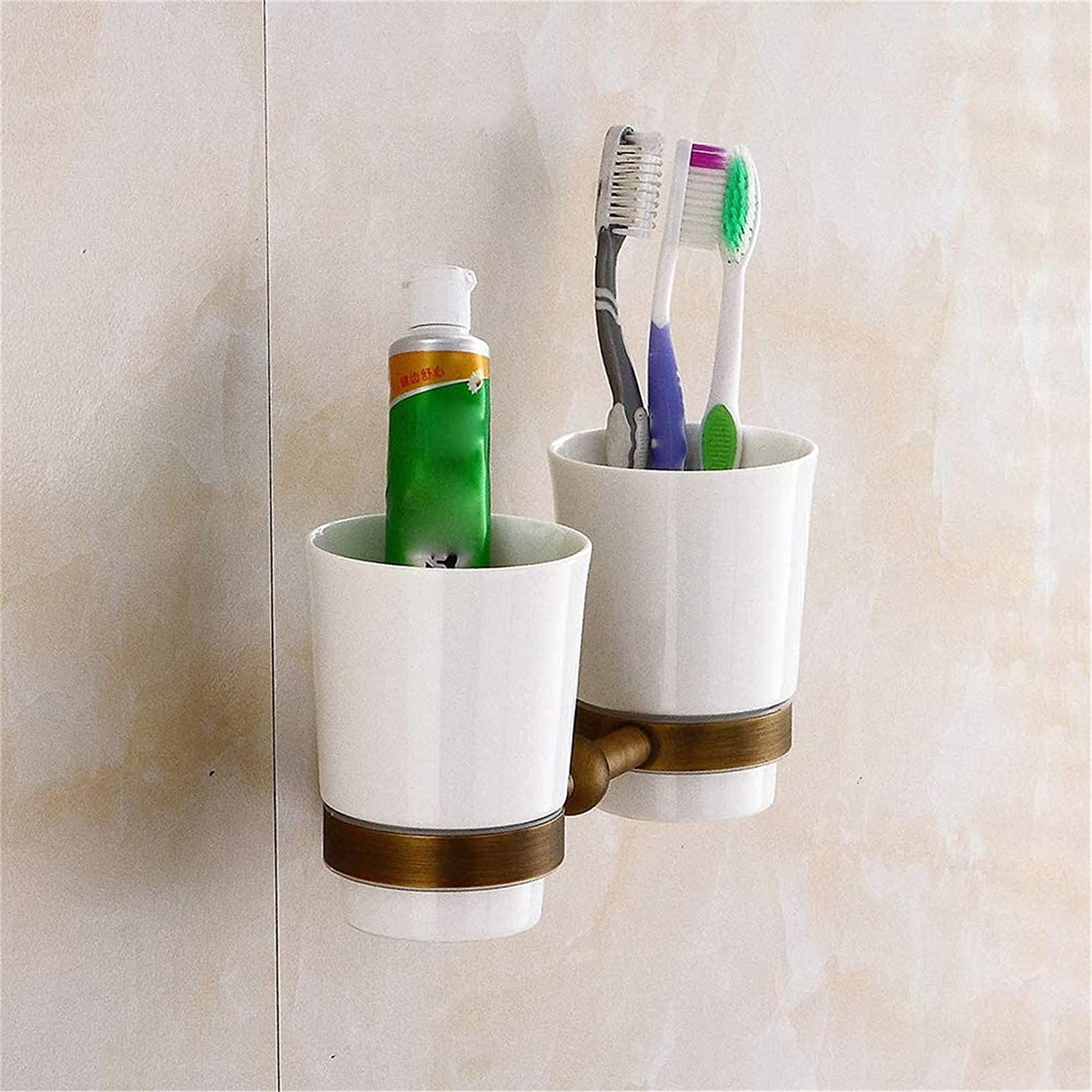 Europäischer Stil Doppel Keramik Cup-Halter, Alles Bronze Antiquität Zahnbürstenhalter Wandmontage Kreativität Zahnbürste Becherhalter Retro Badezimmer Zubehör