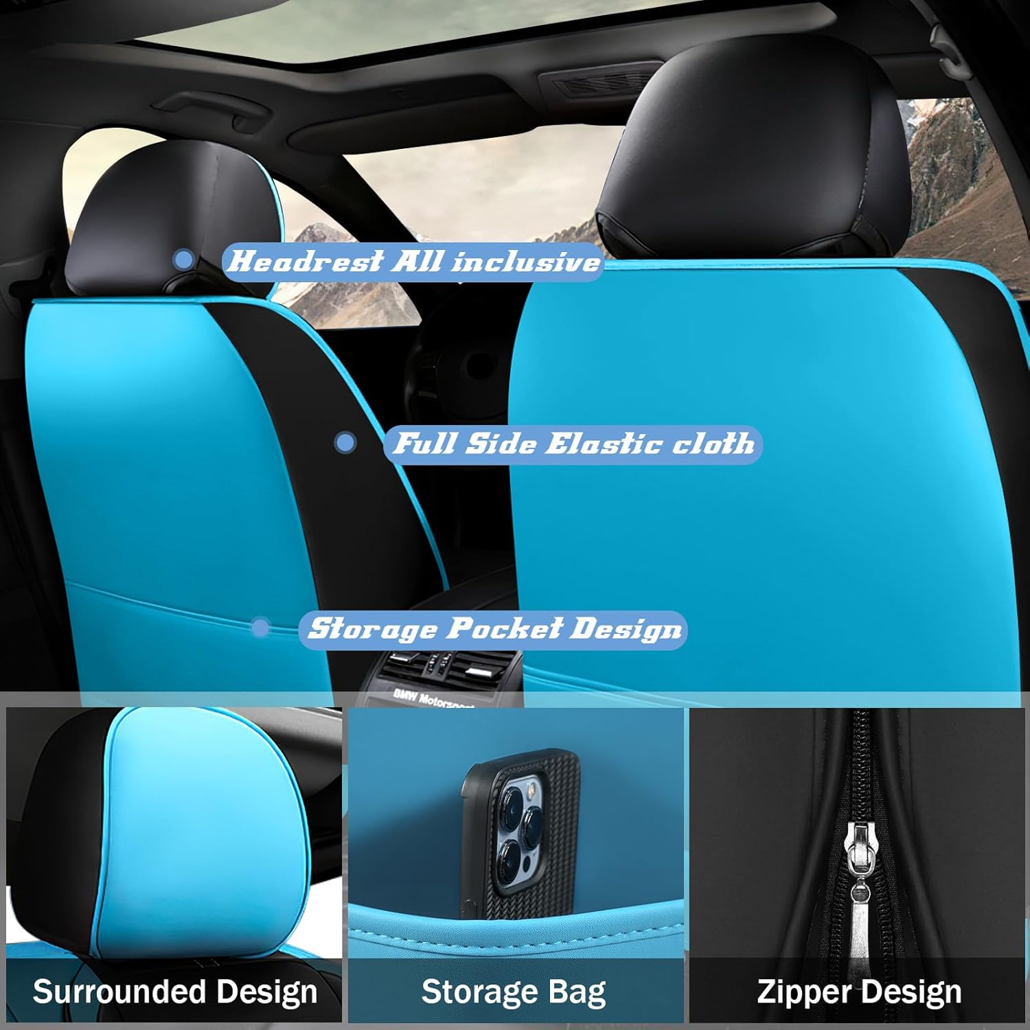 Car Seat Cover 5 Seats for Volkswagen Golf GTI 2015-2023, Premium Nappa Leather Sport Seat Cover, Airbag Compatible with Car Seat Protectors (5 Seats Standard,Black Blue)