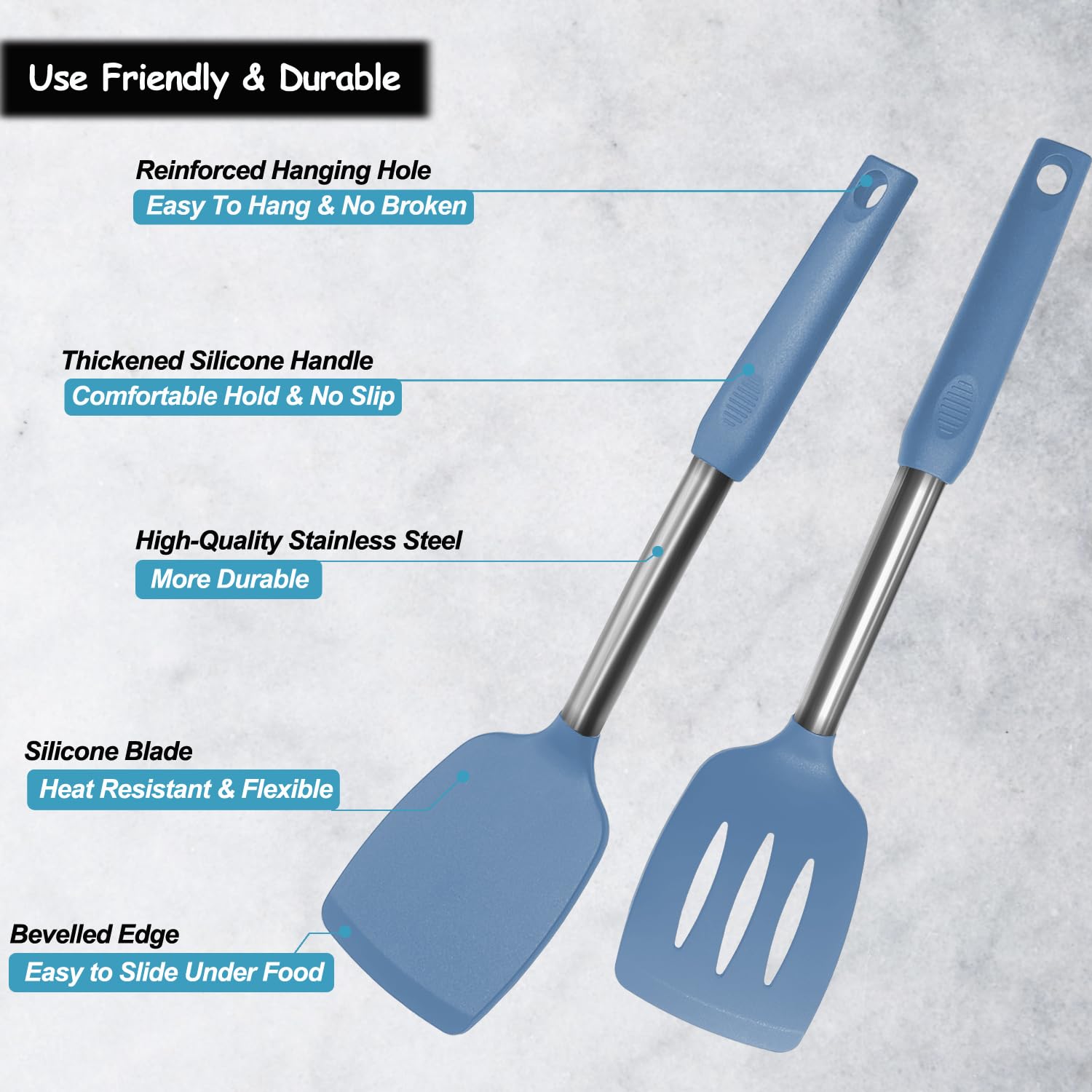 Espátula de silicona y cuchara de cocina, paquete de 5 cucharas y espátulas sólidas y ranuradas de silicona resistente al calor para cocina, mango de acero inoxidable recubierto con silicona,