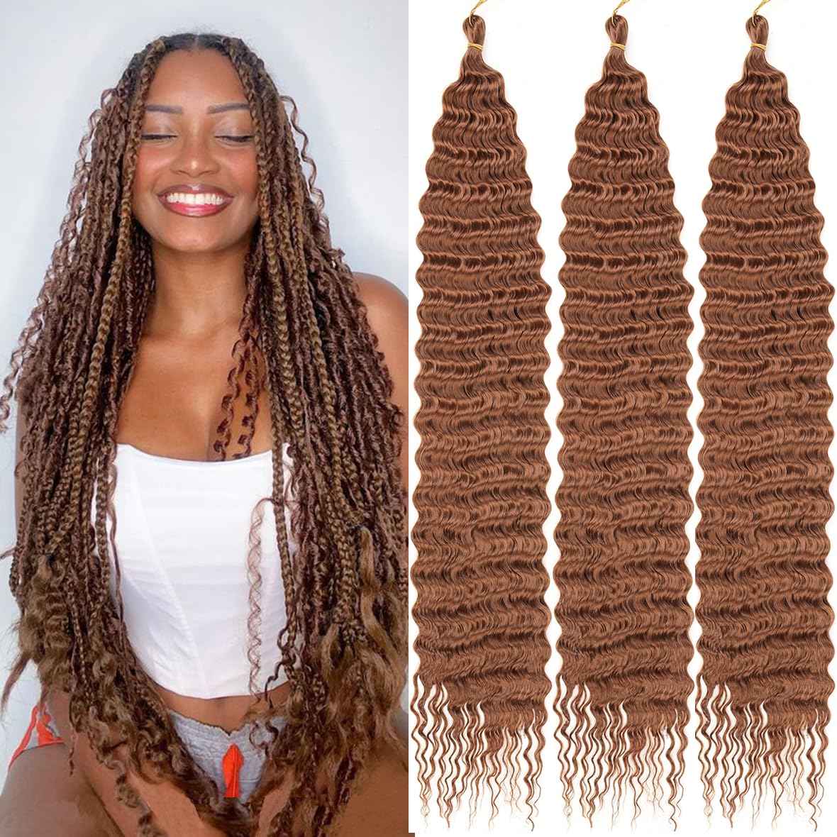 Kachanaa 30 Inch Ocean Wave Crochet Hair Synthetic Crochet Braiding Hair for Boho Box Braids 3 Pack Honey Brown Pre-Separate Deep Wave Braiding Hair Extensions for Goddess Braids /30#