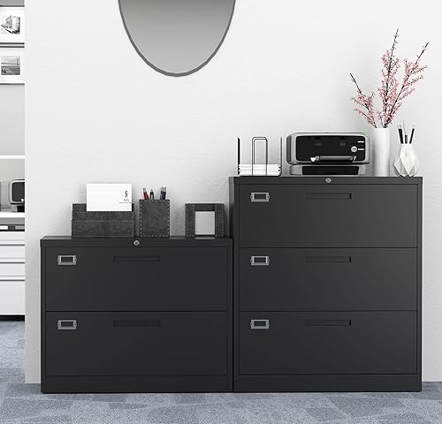 Vista 15 de MIIIKO Archivador lateral de 2 cajones con cerradura, archivador para oficina en casa, fácil de montar, archivador de almacenamiento de metal