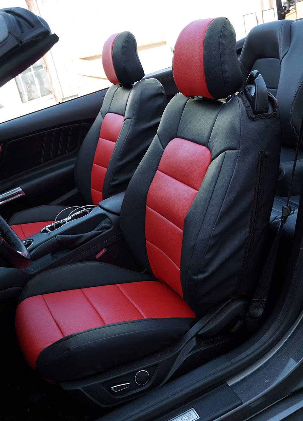 Iggee Black/RED Artificial Leather Custom Made Original fit Front seat Covers Designed for Ford Mustang 2015-2022 (Convertible)