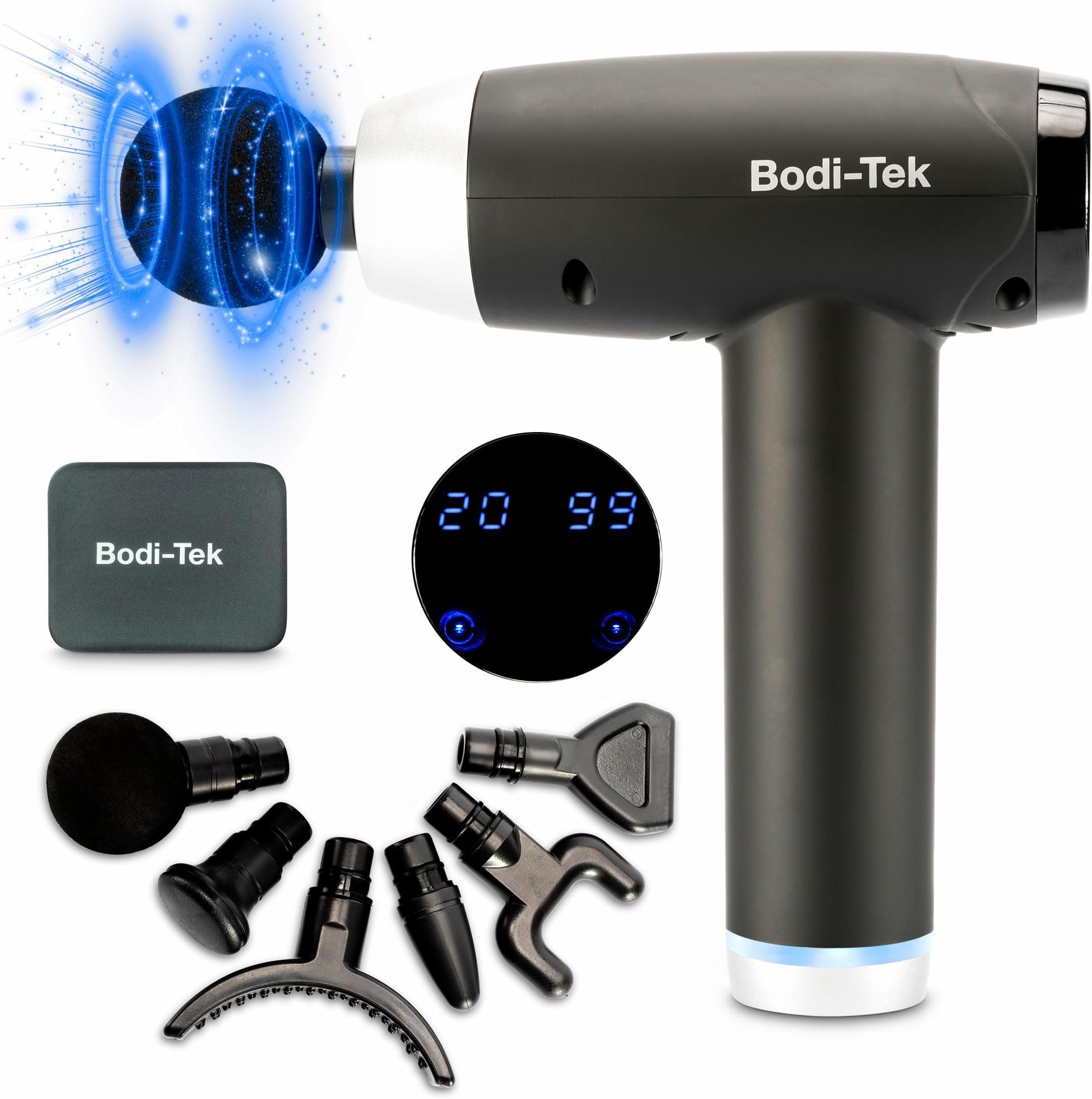 Bodi-Tek Massage Gun Deep Tissue, Muscle Percussion Massager with 20 Speeds, Quiet & Powerfull, LCD Touch Screen, 6 Heads for Shoulder Neck Body Back Relaxation, Powerful, Cordless, Rechargeable