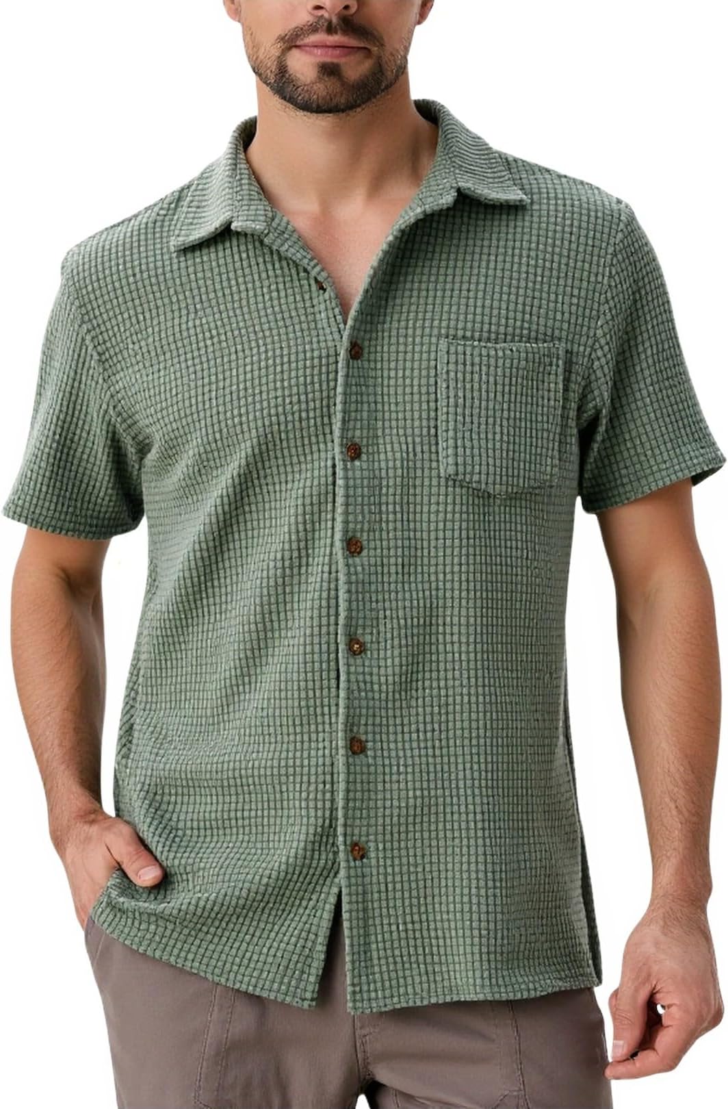 Men's Retro Short Sleeve Corduroy Shirt Casual Button Down Shirts