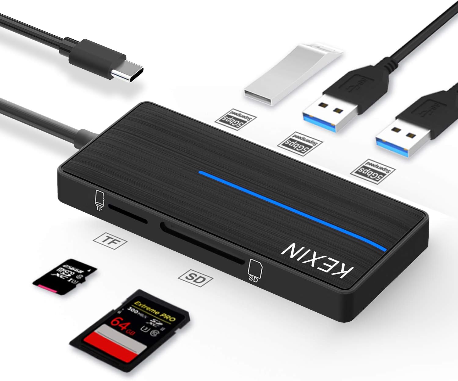 KEXIN USB C Hub 3 Port USB Hub 3.0 with SD/TF Card Reader Ultra Slim Data Hub USB Splitter Type C Extension Hub for PC Notebook, Laptop, XPS, Surface Pro, USB Flash Drive, Mobile HDD and More
