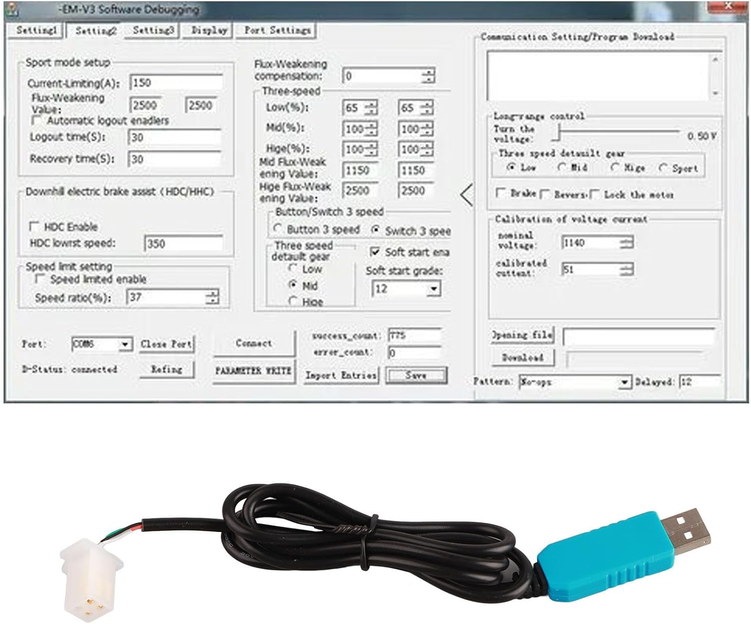 Electric Motorcycle Controller Cable RS323 Controller USB Cable votol em100 Programming Cable Easy Stable Sensitive Electric Motorcycle USB Cable for VOTOL Controller Cables