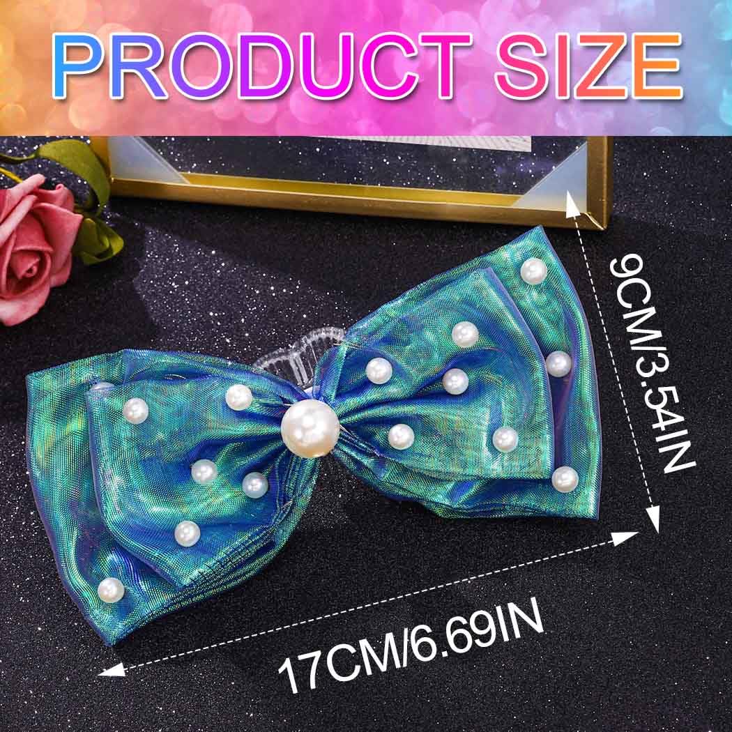 CAKURE Light Up Hair Bow Clips Pearl Bow Hair Barrette Led Mermaid Hair Accessories for Women and Girls (g-purple green) image 2