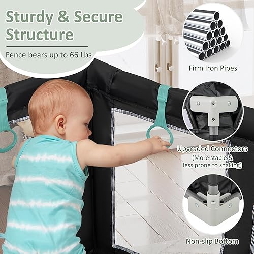 Miniatura 9 de INFANS Corralito plegable para bebés con alfombra, patio grande de 59 x 59 pulgadas para bebés con 50 bolas oceánicas, 4 asas, bolsa de transporte,