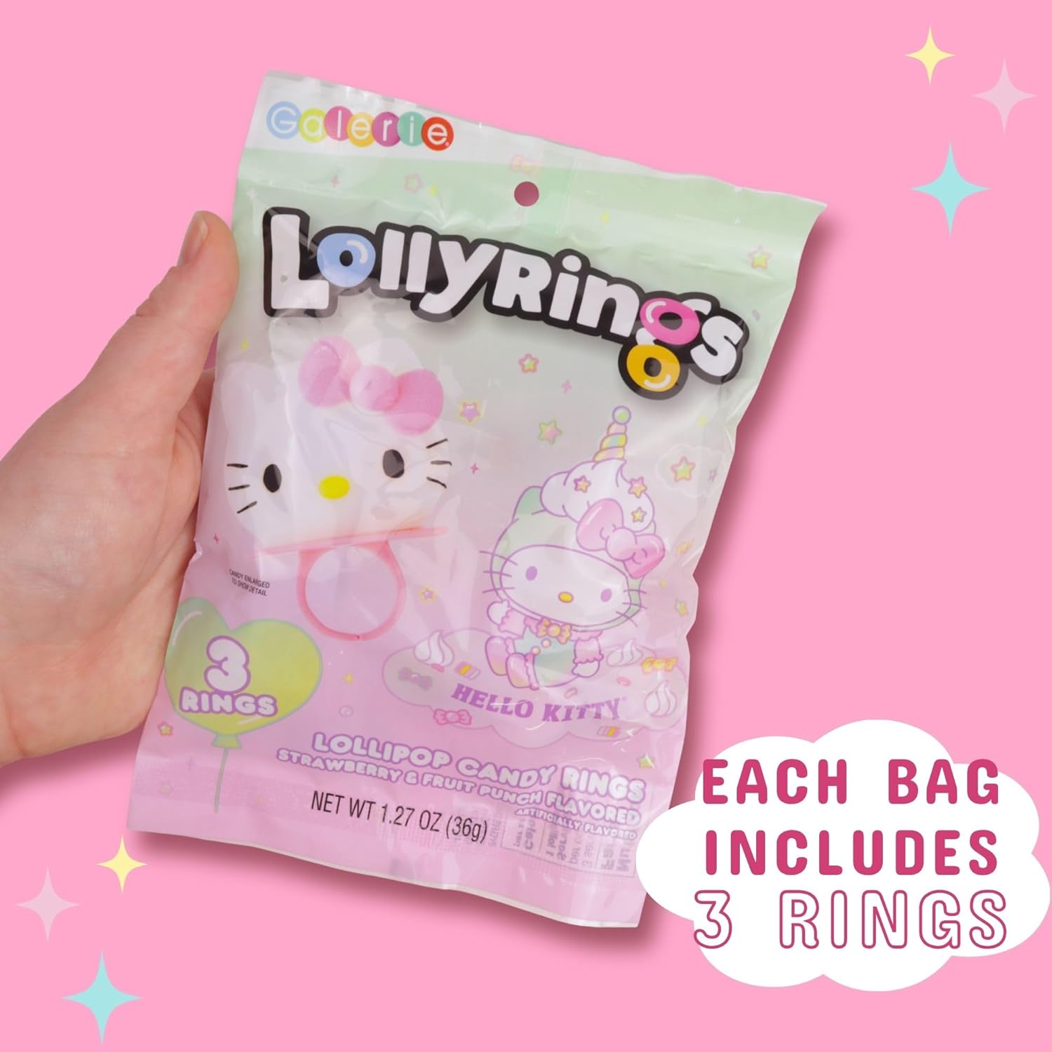 Hello Kitty Lollipop Rings, Strawberry and Fruit Punch Flavored Suckers, Themed Party Favors, 3 Count Bag, 1.27 Ounces (18 Pack)