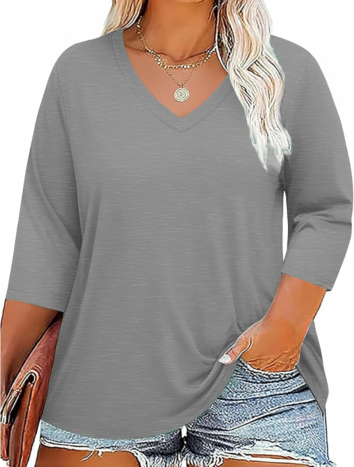 Plus Size V Neck 3/4 Sleeve Tops Women Shirts Tunic Loose Fit Casual Tee
