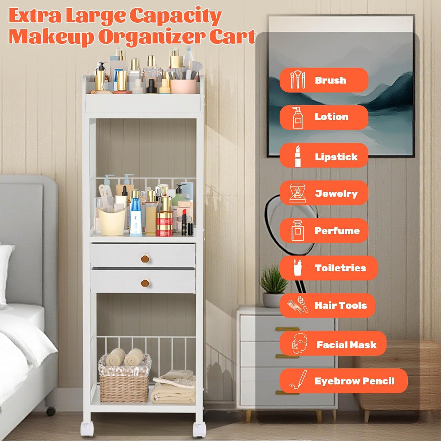 FAHKNS Makeup Organizer Cart, Rolling Floor Organizer Cart with 2 Drawers, Versatile Vanity Organizer for Nail Polish Perfume Brush Hair Tool, White