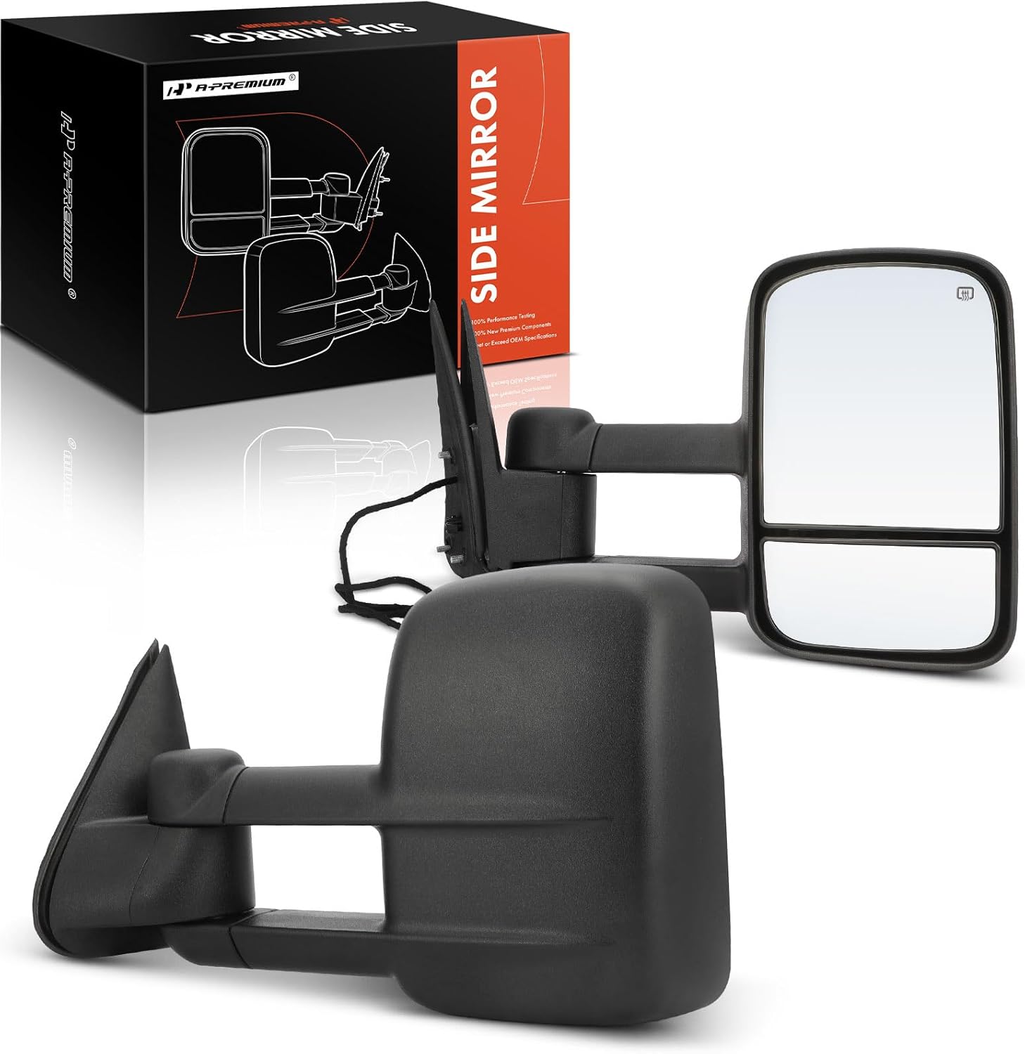A-Premium Towing Mirrors Compatible with Chevrolet Silverado, Tahoe, Suburban & GMC Sierra, Yukon, Yukon XL & Cadillac Escalade - Manual Folding Heated Telescoping Black - with Power Glass - Pair Set