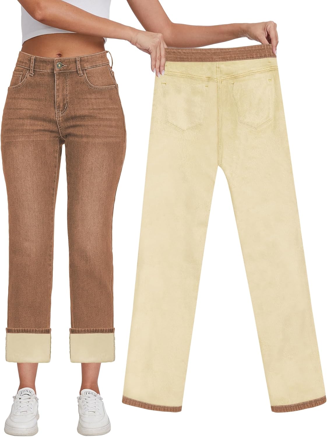 KDF Women's Fleece Lined Jeans Women High Waisted Straight Leg Jeans Winter Fleece Lined Jean Pants